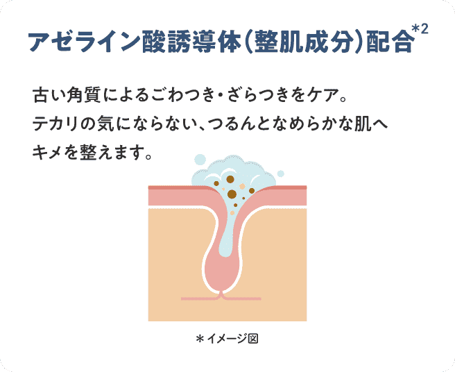 アゼライン酸誘導体（整肌成分）配合*2 古い角質によるごわつき・ざらつきをケア。テカリの気にならない、つるんとなめらかな肌へキメを整えます。